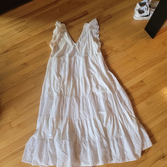 BODEN Broderie Mix Jersey Maxi Dress US 14 White Tiered Frill Sleeve V-Neck - Picture 11 of 14